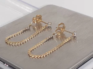 Solid 14k Yellow Gold Diamond Drop Drape Flat twist Chain Stud Earrings - Picture 1 of 19