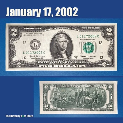 January 17, 2002 Birthday Anniversary $2 Two Dollar Bill Serial Number 01172002 - Image 1 of 2