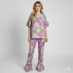 Traje Pantalón Vintage Años 60 Rosa Púrpura Floral Hippie Manga Corta Volantes - XS/24" - Imagen 1 de 13