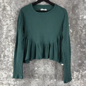 We The Free People Size S Babydoll Ribbed Round Neck Top Green Long Sleeve - Picture 1 of 7