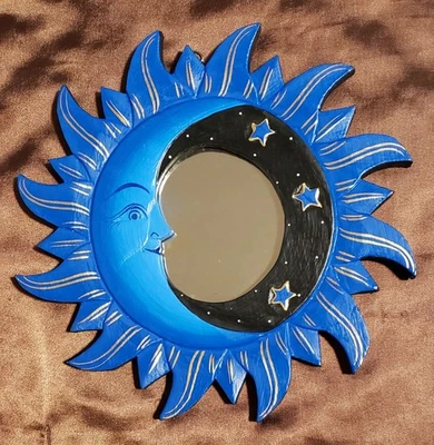 WALL MIRROR, (SUN/MOON) (Small), Hand Carved, WOOD, BLUE Multi, 8" D., Bali - Image 1 of 2