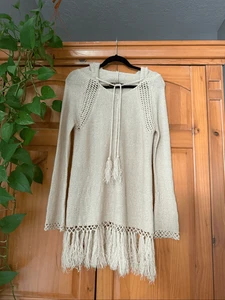 Sudadera con Capucha Boho Tejida con Flecos por Jondie Crema Crochet Suéter Talla M - Imagen 1 de 11