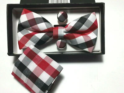 JaBonCo Mens Bow Tie Cuff Links & Pocket Square Set Formal Black Red NIB - Image 1 of 4