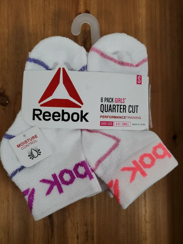 6 Pack Reebok Girl's Size Small Shoe 4-8 Quarter Cut Socks White