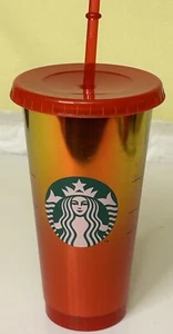 New Starbucks Reusable Cold cup And Straw Red Ombre 24oz - Picture 1 of 4