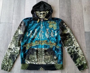 Christian Audigier Hoodie Blue Gold Crown Skull hoodie embroidery White Hardy XL - Picture 1 of 13