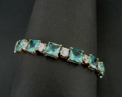 Pulseira azul pedras quadradas zircônia cúbica ouro Vermeil prata esterlina tênis  - Imagem 1 de 4