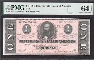 BILLETE DE $1 CONFEDERADO DE 1864 ~ T-71 ARCILLA CLEMENTE ~ ELECCIÓN PMG SIN CIRCULAR 64 EPQ - Imagen 1 de 2