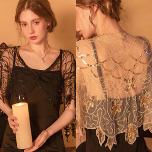 Elegant Vintage Sparkly Shawl Beaded Sequin Boho Cape For Women's Accessories Wp