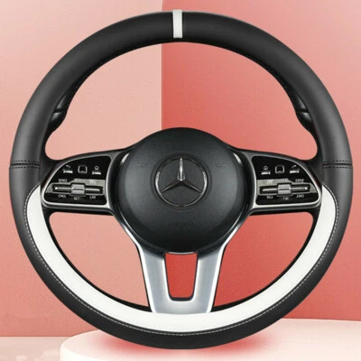 Car Steering Wheel Cover Protector Leather Non-Slip Good Grip 15in Black/White - Image 1 of 4