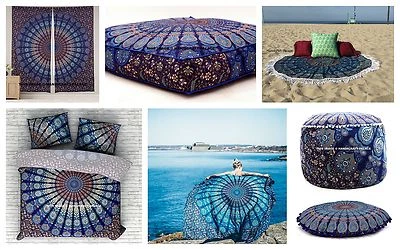 Indian Mandala Curtain Set Floor Pillow Queen Tapestry Duvet Cover 9 PC Room Set - Image 1 of 4