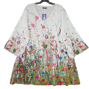 Hekka Women's Size 3XL Floral Long Blouse V Neck White Tunic Top Casual Pullover - Picture 1 of 15