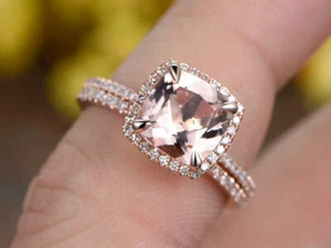 2.20Ct Cushion Cut Simulated Morganite Bridal Ring Set 925 Silver Gold Plated - Picture 1 of 3