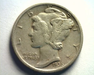 Moneda de diez centavos Mercury 1936 extra fina XF extremadamente fina EF BONITA ORIGINAL ENVÍO 99c - Imagen 1 de 2