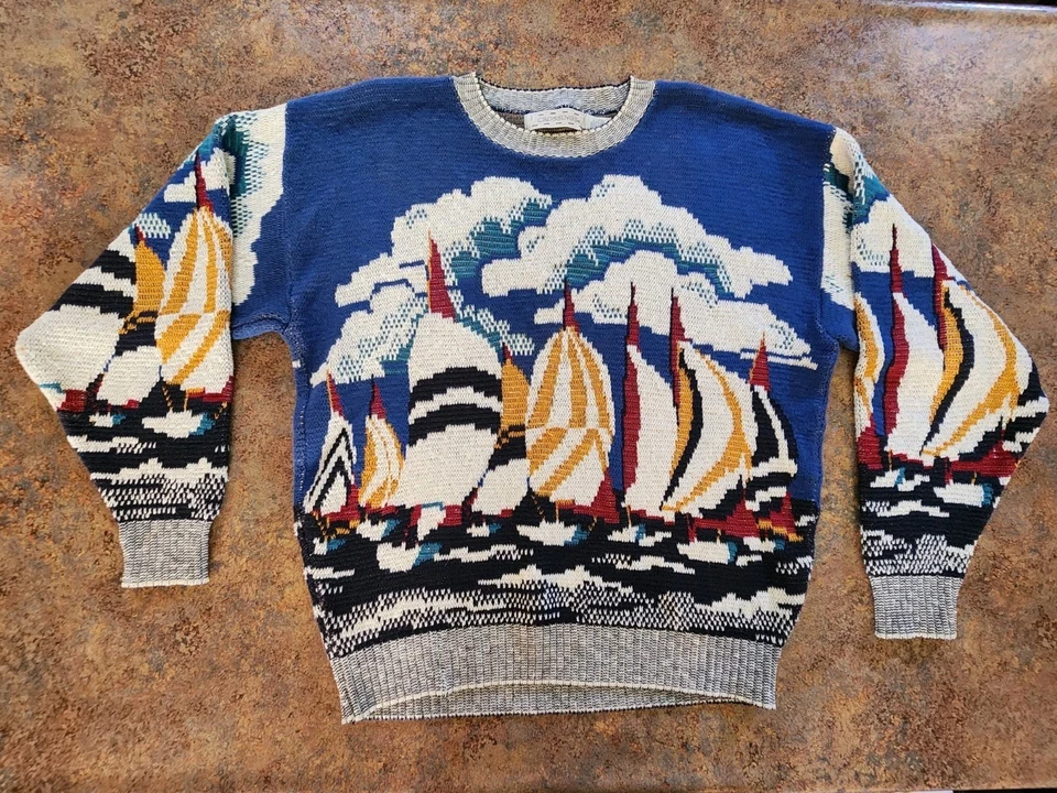 Suéter Tejido Vintage Años 90 Cruce Náutico Brillante Todo Velero Talla Grande Foto 1 de 4