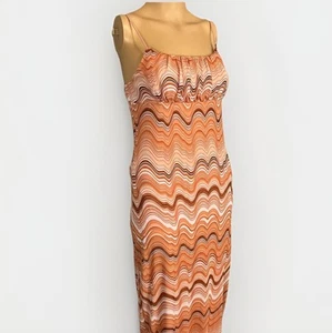 No Comment Tank Dress LG Retro Orange Swirl Wavy Funky Maxi Babydoll Stretch Y2K - Picture 1 of 9