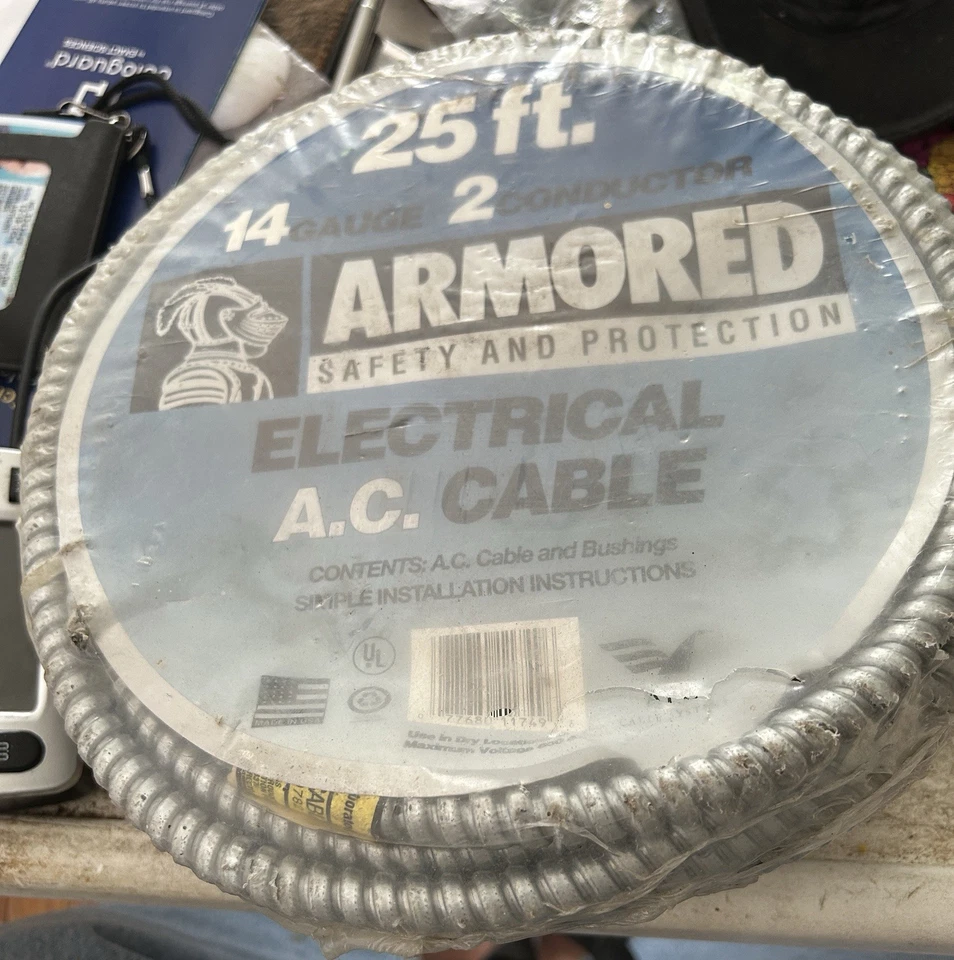 25 Foot 14 Gauge Two Conductor Armored Electrical AC Cable - Image 1 of 2