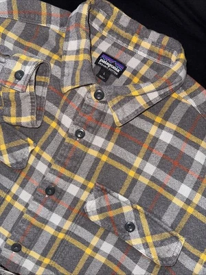 Patagonia Shirt Mens Large Gray Yellow Fjord Flannel 100% Organic Cotton Plaid - Image 1 of 4