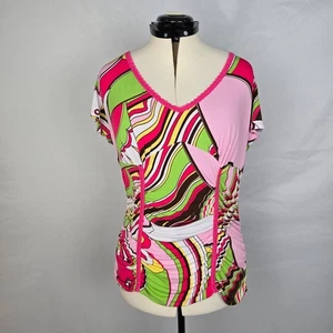 (P) by Sele Blouse Women's 2X Very Colorful Pink Green Short Sleeve V-Neck - Picture 1 of 17