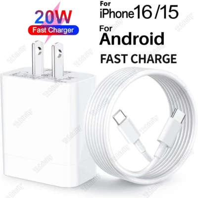 PD 20W Fast Charger Block Type C To USB C Cable For iPhone iPad 15 16Pro Samsung - Image 1 of 4