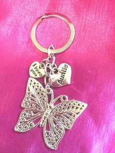 Auntie Heart With Butterfly Keyring Bag Charm with Organza Gift Bag FREEPOST - Foto 1 di 1