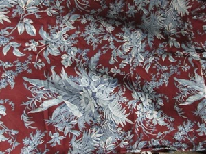 LARGE BLUE LEAF & FLORAL PATTERN ON BURGUNDY BACKGROUND FABRIC - 4 YARDS - Picture 1 of 3