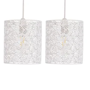 Set of 2 Easy Fit Ceiling Pendant Lightshades Modern White Leaf Cut Metal Design - Picture 1 of 7