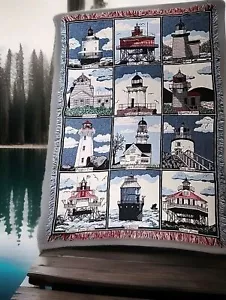 Vtg Elizabeth M. Hutz Goodwin Historic Lighthouse Tapestry Throw Blanket 65 X 45 - Picture 1 of 9