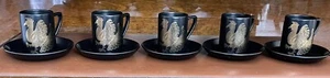 Vintage Portmeirion Phoenix Coffee Cups, Saucers Pottery Black & Gold set of 5 - Picture 1 of 11