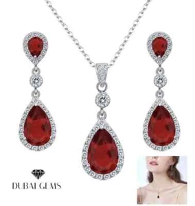 Exclusive White gold finish Elegance Range ruby Pear cut necklace earrings Set - Picture 1 of 5