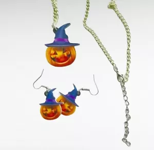 SET Collana Orecchini Acrilico Halloween Giorno dei Morti Zucca Bambini Adulti - Foto 1 di 3