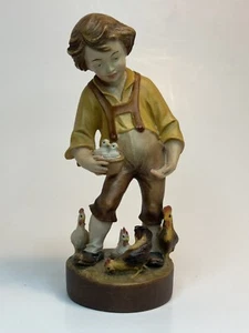 Dolfi Carved Wood Boy Feeding Hens Figurine Made In Italy 6” - Picture 1 of 7