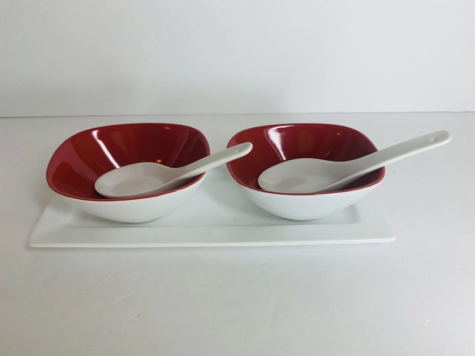 Pier 1 Imports Soup Set Of 2 Bowls Asian Spoons Tasting Party Plate Red White - Image 1 of 4