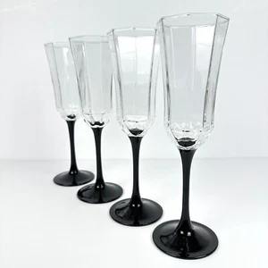 1970’s Luminarc Octime Crystal Octagon Black Stem Wine Glasses France set of 4 - Picture 1 of 5