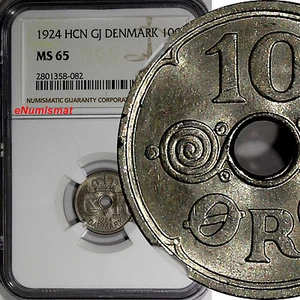 DENMARK Christian X Copper-Nickel 1924 HCN GJ 10 Ore NGC MS65 KM# 822.1 (082) - Picture 1 of 3