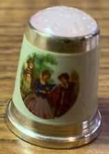 ANTIQUE GERMANY STERLING SILVER 925 PINK STONE TOP PAINTED SCENE THIMBLE SIZE 8