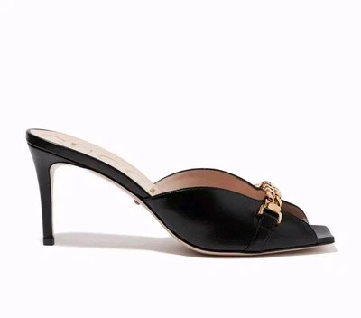 Gucci Black Sylvie Chain Leather Eur 38 Heeled Sandals Size: US 7.5 New Box Bag - Image 1 of 4