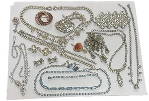 VINTAGE RHINESTONE JEWELRY LOT NECKLACES PINS MISSING STONES 18pc - Picture 1 of 19