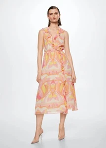 NEW MANGO 70s RETRO PRINT MIDI WRAP OVER DRESS ELEGANT PARTY WEDDING LOOK UK - Picture 1 of 6