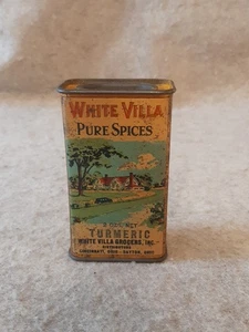 Lata de especias vintage blanca Villa Grocers condimento tumérico Cincinnati Dayton OH - Imagen 1 de 9