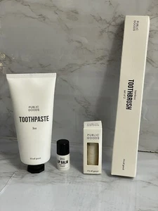 Public Goods Set Of 4 -  Toothpaste , Toothbrush , Lip Balm , Dental Floss - NEW - Picture 1 of 8