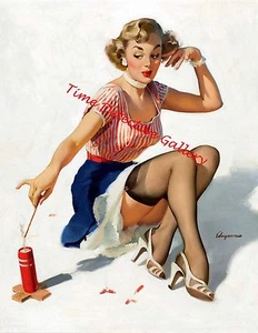 4th of July Pin-up Girl Lighting Firework - Vintage Art Print - Picture 1 of 1