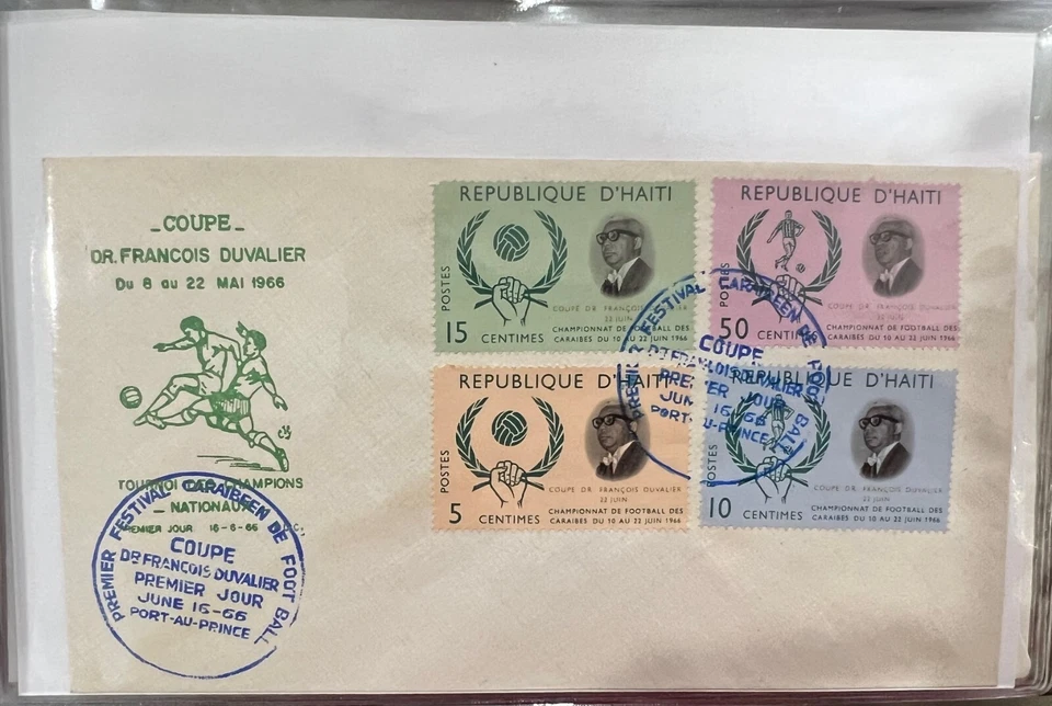 Primer día de emisión cubre estampillas de Haití 1966 tipo fútbol Foto 1 de 1