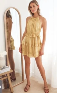 LULUS Dress Yellow Ruffled Striped Mini Sz L New - Picture 1 of 7