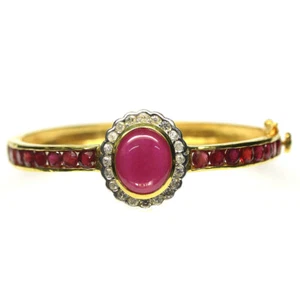 Gemstone Pink Red Ruby & White Zircon Bangle Cross 2" x 2'' 925 Silver 18K Gold - Picture 1 of 4