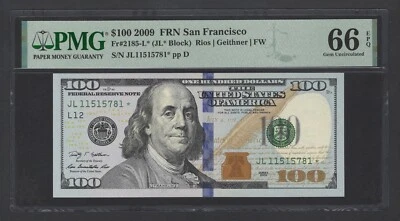 United States-FedReserve 100 Dollars 2009 Fr#2185-L* (JL* Block)UNC Grade 66 - Image 1 of 2