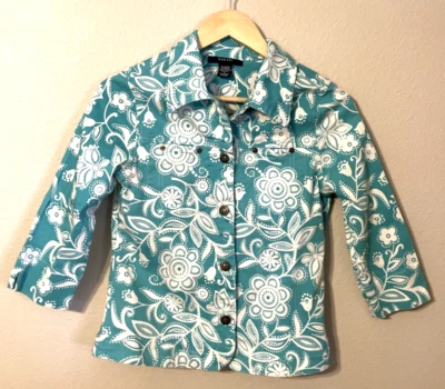 Chaqueta para mujer Kaktus manga 3/4 floral con cuello abotonado azul y blanco talla S Foto 1 de 4