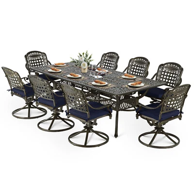 Juego de muebles rectangulares de exterior para patio giratorio de aluminio fundido de 9 piezas Foto 1 de 4