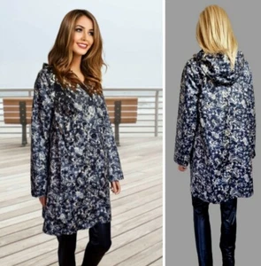 PER UNA COAT STORMWEAR UK 10 NAVY MIX FLORAL PRINT HOODED BUTTONED RAIN COAT #K4 - Picture 1 of 10