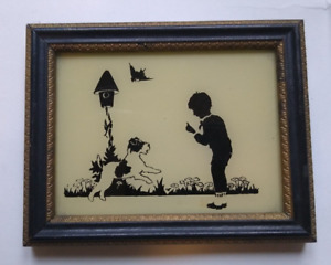 VTG Reliance Silhouette Boy w/ Dog 4 x 5"  Picture Wall Art Cottage Decor T-4